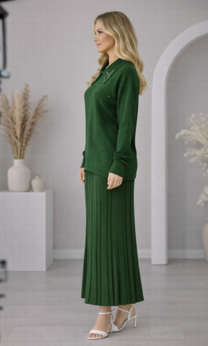 طقم تريكو نسائي راقٍ قطعتين 4201  - زيتي