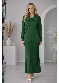 طقم تريكو نسائي راقٍ قطعتين 4201  - زيتي