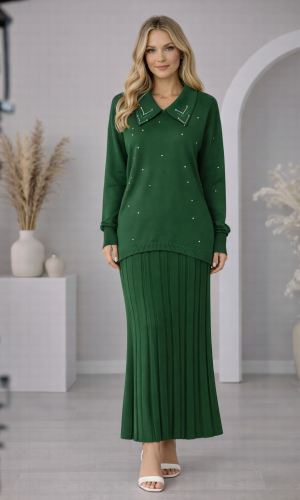 طقم تريكو نسائي راقٍ قطعتين 4201  - زيتي