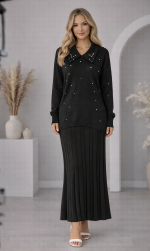 طقم تريكو نسائي راقٍ قطعتين 4201  - اسود