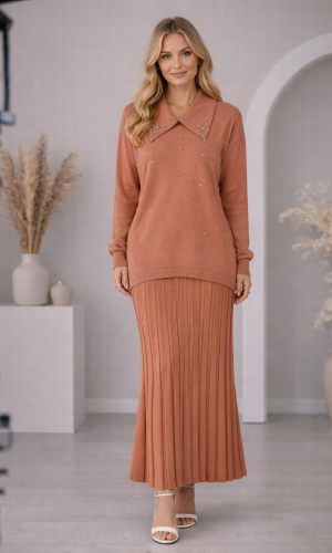 طقم تريكو نسائي راقٍ قطعتين 4201  - زهر