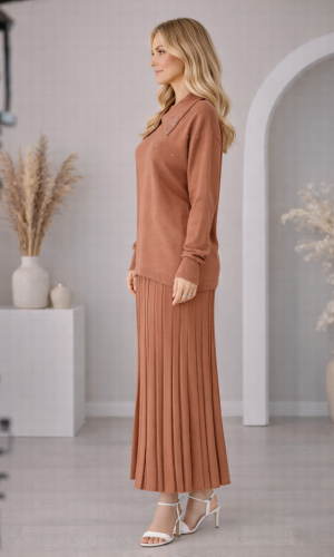 طقم تريكو نسائي راقٍ قطعتين 4201  - زهر