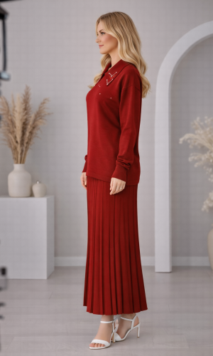 طقم تريكو نسائي راقٍ قطعتين 4201  - خمري