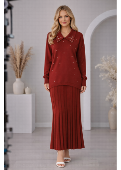 طقم تريكو نسائي راقٍ قطعتين 4201  - خمري