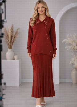 طقم تريكو نسائي راقٍ قطعتين 4201  - خمري