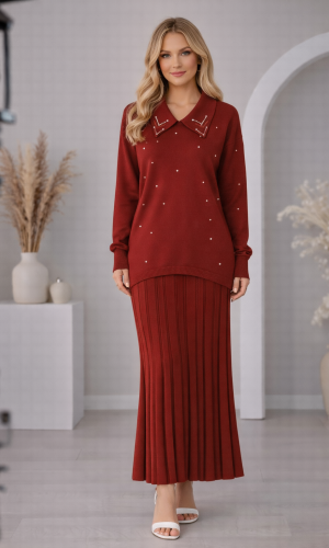 طقم تريكو نسائي راقٍ قطعتين 4201  - خمري