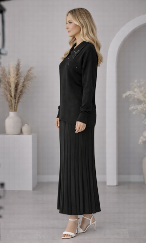 طقم تريكو نسائي راقٍ قطعتين 4201  - اسود