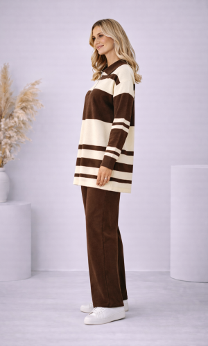 طقم تريكو نسائي مخطط بسحاب ياقة 4202 - بني