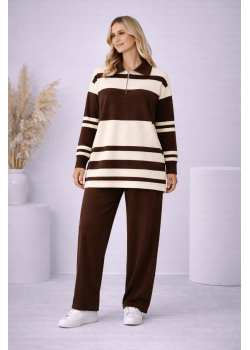 طقم تريكو نسائي مخطط بسحاب ياقة 4202 - بني