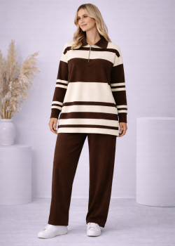 طقم تريكو نسائي مخطط بسحاب ياقة 4202 - بني