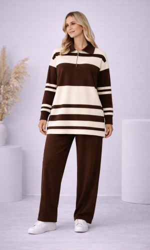 طقم تريكو نسائي مخطط بسحاب ياقة 4202 - بني