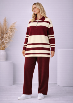 طقم تريكو نسائي مخطط بسحاب ياقة 4202 - خمري