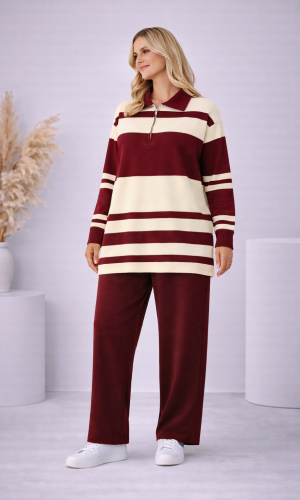 طقم تريكو نسائي مخطط بسحاب ياقة 4202 - خمري