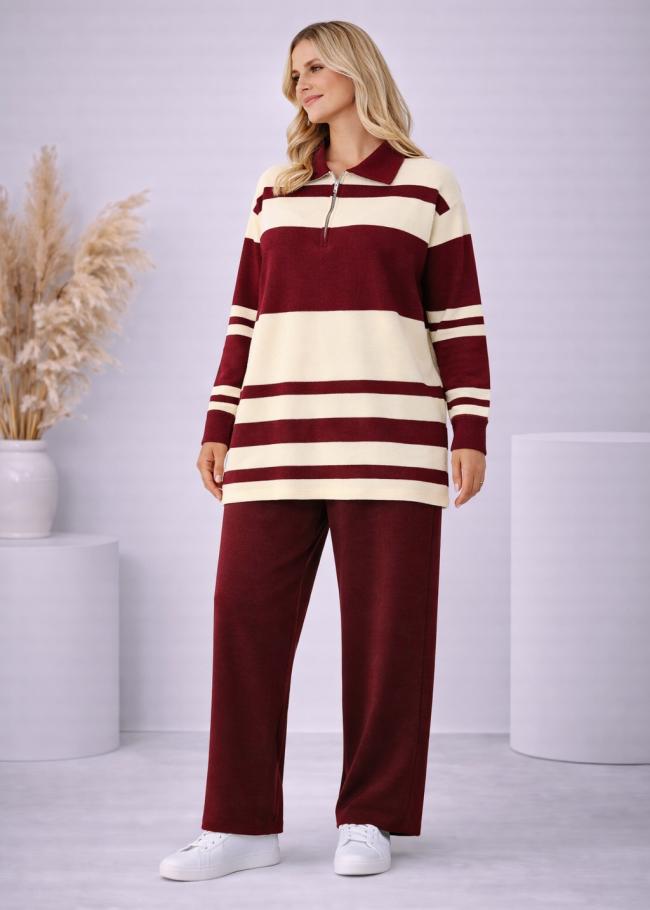 4202 طقم تريكو مقلم عريض - خمري