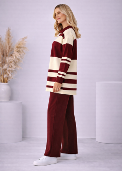 طقم تريكو نسائي مخطط بسحاب ياقة 4202 - خمري