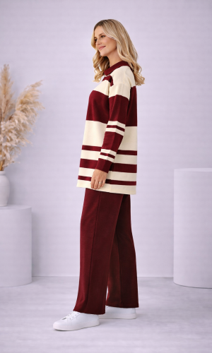 طقم تريكو نسائي مخطط بسحاب ياقة 4202 - خمري