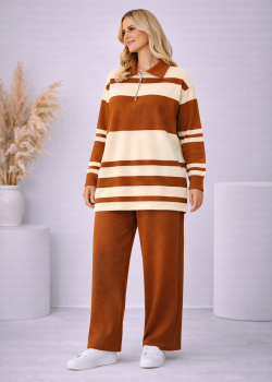 طقم تريكو نسائي مخطط بسحاب ياقة 4202 - عسلي