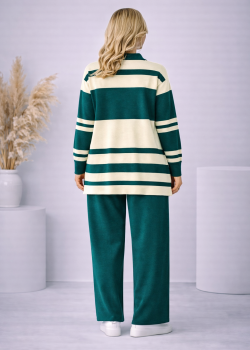 طقم تريكو نسائي مخطط بسحاب ياقة 4202 - زيتي