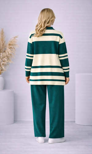 طقم تريكو نسائي مخطط بسحاب ياقة 4202 - زيتي