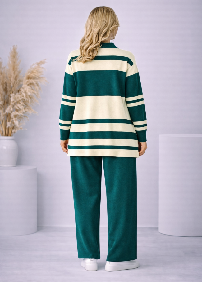 4202 طقم تريكو مقلم عريض - زيتي