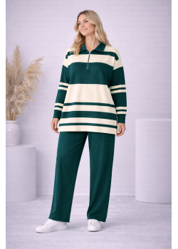 طقم تريكو نسائي مخطط بسحاب ياقة 4202 - زيتي