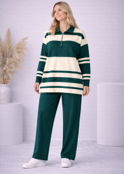 طقم تريكو نسائي مخطط بسحاب ياقة 4202 - زيتي