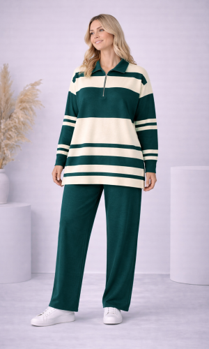 طقم تريكو نسائي مخطط بسحاب ياقة 4202 - زيتي