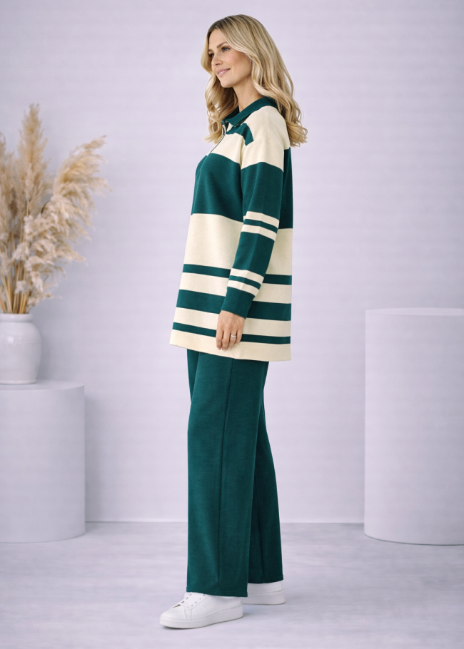 4202 طقم تريكو مقلم عريض - زيتي