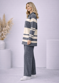 طقم تريكو نسائي مخطط بسحاب ياقة 4202 - فضي