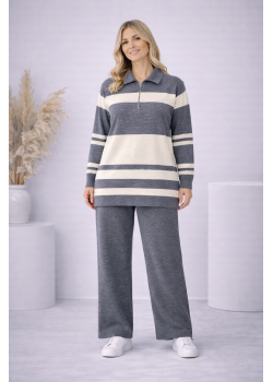 طقم تريكو نسائي مخطط بسحاب ياقة 4202 - فضي