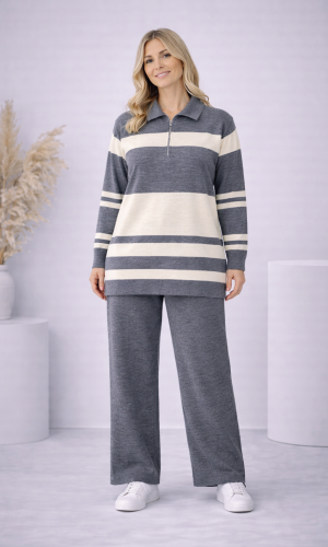 طقم تريكو نسائي مخطط بسحاب ياقة 4202 - فضي