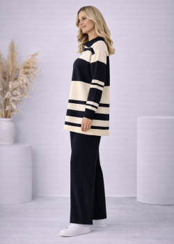 طقم تريكو نسائي مخطط بسحاب ياقة 4202 - اسود