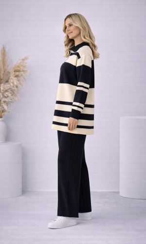 طقم تريكو نسائي مخطط بسحاب ياقة 4202 - اسود