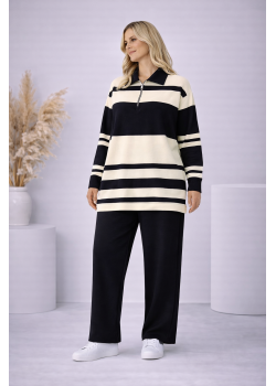 طقم تريكو نسائي مخطط بسحاب ياقة 4202 - اسود