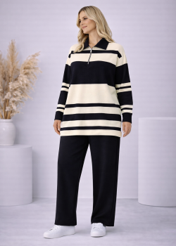 طقم تريكو نسائي مخطط بسحاب ياقة 4202 - اسود