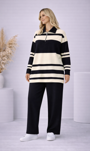 طقم تريكو نسائي مخطط بسحاب ياقة 4202 - اسود
