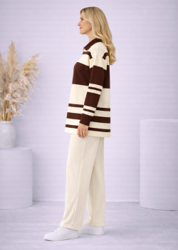 Women's Striped Knitwear Set with Half-Zip Collar 4202 - ecru