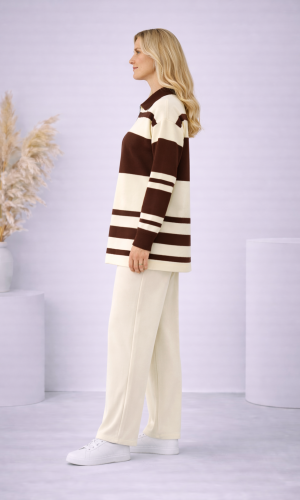 Gestreiftes Damen-Strickset mit Kragenreißverschluss 4202 - Ecru