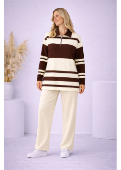 طقم تريكو نسائي مخطط بسحاب ياقة 4202 - سكري