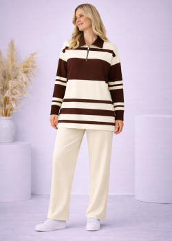 Women's Striped Knitwear Set with Half-Zip Collar 4202 - ecru