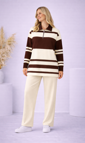 Gestreiftes Damen-Strickset mit Kragenreißverschluss 4202 - Ecru