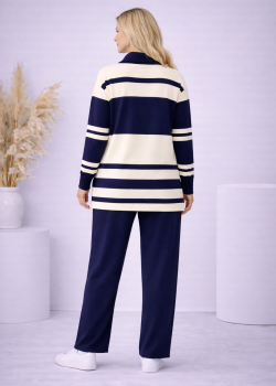 طقم تريكو نسائي مخطط بسحاب ياقة 4202 - كحلي