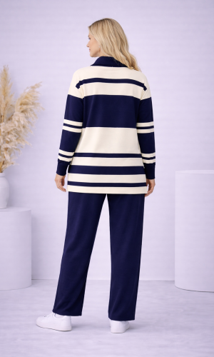 Women's Striped Knitwear Set with Half-Zip Collar 4202 - deep blue