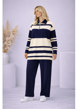 طقم تريكو نسائي مخطط بسحاب ياقة 4202 - كحلي