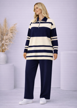 طقم تريكو نسائي مخطط بسحاب ياقة 4202 - كحلي