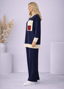 طقم تريكو نسائي عصري قطعتين بجيب ملون 4203  - كحلي