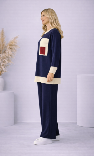 طقم تريكو نسائي عصري قطعتين بجيب ملون 4203  - كحلي