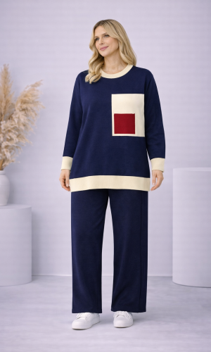 طقم تريكو نسائي عصري قطعتين بجيب ملون 4203  - كحلي