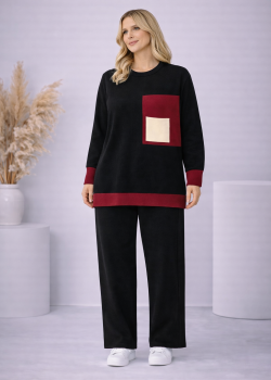 طقم تريكو نسائي عصري قطعتين بجيب ملون 4203  - اسود