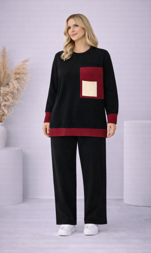 طقم تريكو نسائي عصري قطعتين بجيب ملون 4203  - اسود